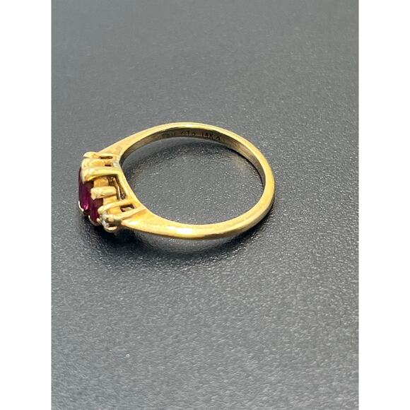 Tru Glo Vintage 14K Gold 3-Stone Ruby Diamond Accents Trilogy Ring Size 7 - Picture 12 of 14